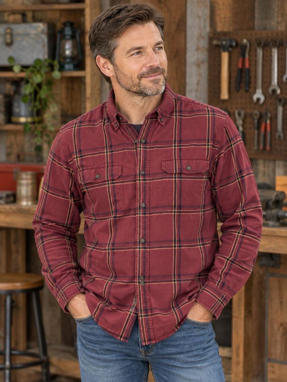 Carhartt Mens Loose Fit Red Plaid Button-Up Long Sleeve Shirt Size Medium